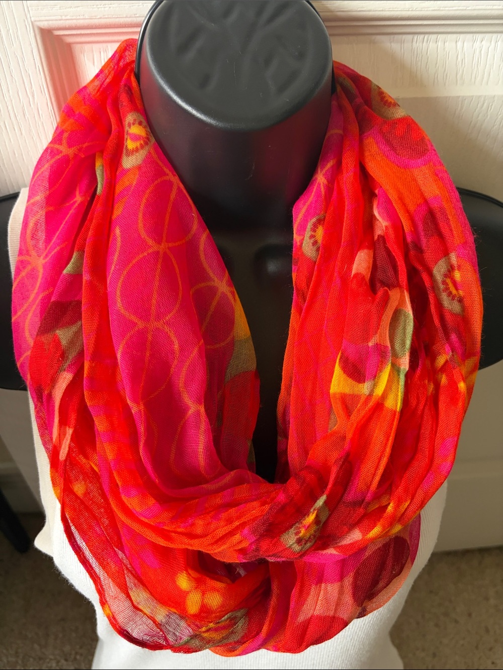 Bright Pink & Red Floral Infinity Scarf - Lightweight Women’s Loop Wrap